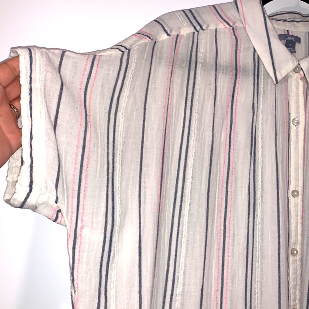 2/$14 Aerie Button Down Short Sleeve Striped Blouse Cream w/ Blue & Pink Stripe - Picture 3 of 8